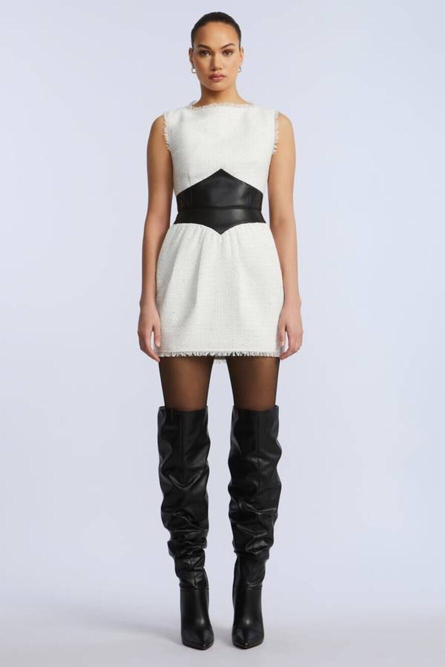 BCBGMAXAZRIA Leather Tweed Dress in Black White 6